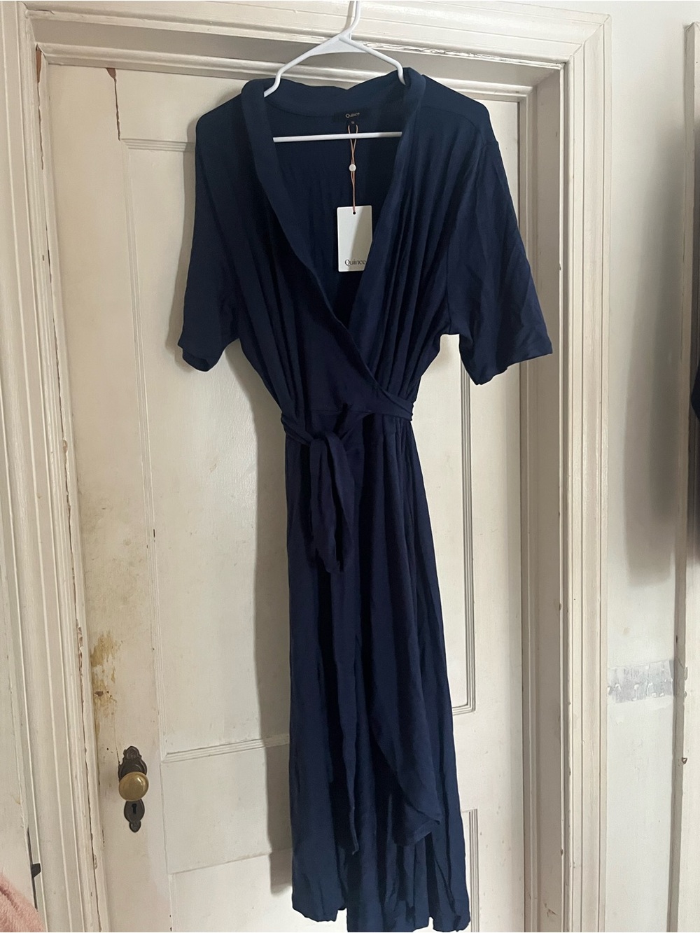 Quince Deep Navy Wrap High-Low Midi Dress with Tie Waist - Picture 5 of 7